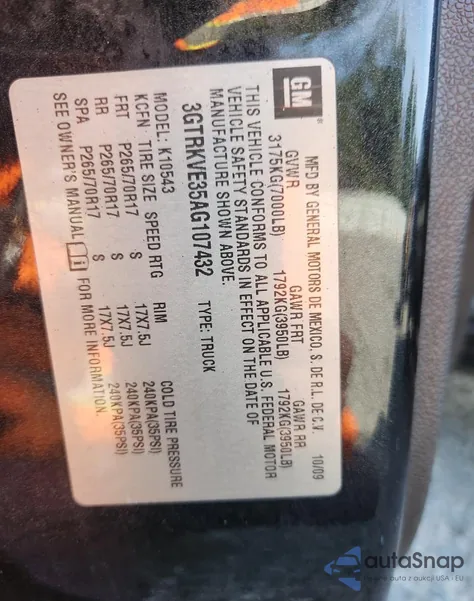 2010 GMC Sierra K1500 Sle z USA, uszkodzony, nr VIN 3GTRKVE35AG107432